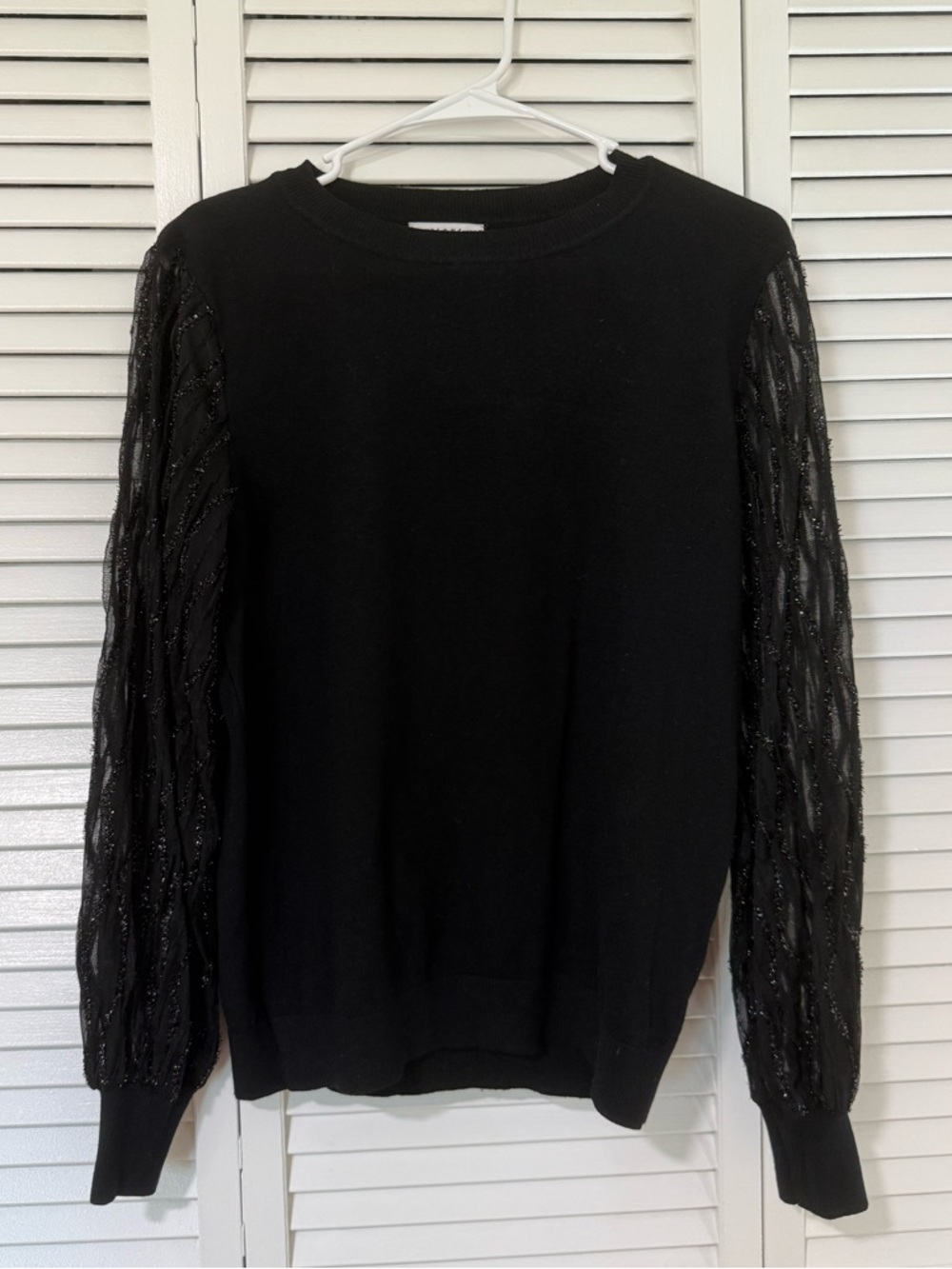Black Sweater with Textured Shimmer Sheer Puff Sleeves